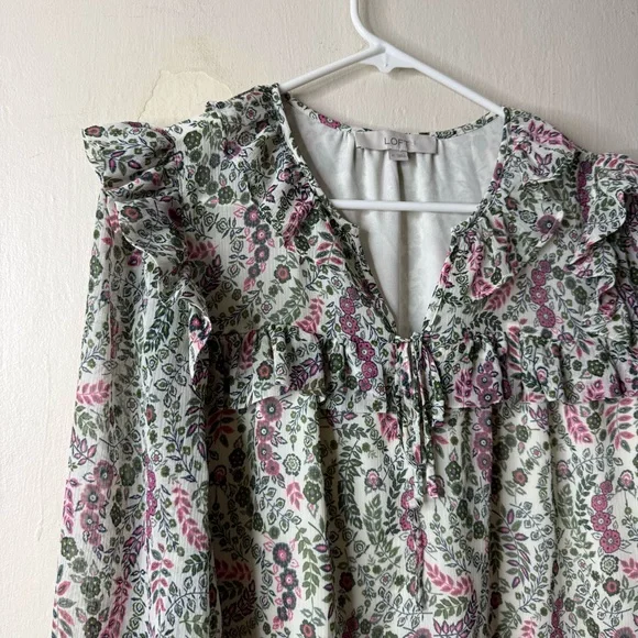 Loft Ivory Floral Peasant Ruffle Long Sleeve Boho Blouse - Picture 3 of 6